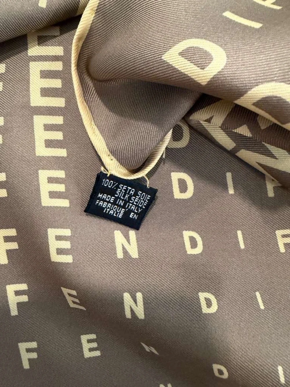 Fendi Silk Scarf Brown Beige Logo Print Hand Rolled Made in Italy